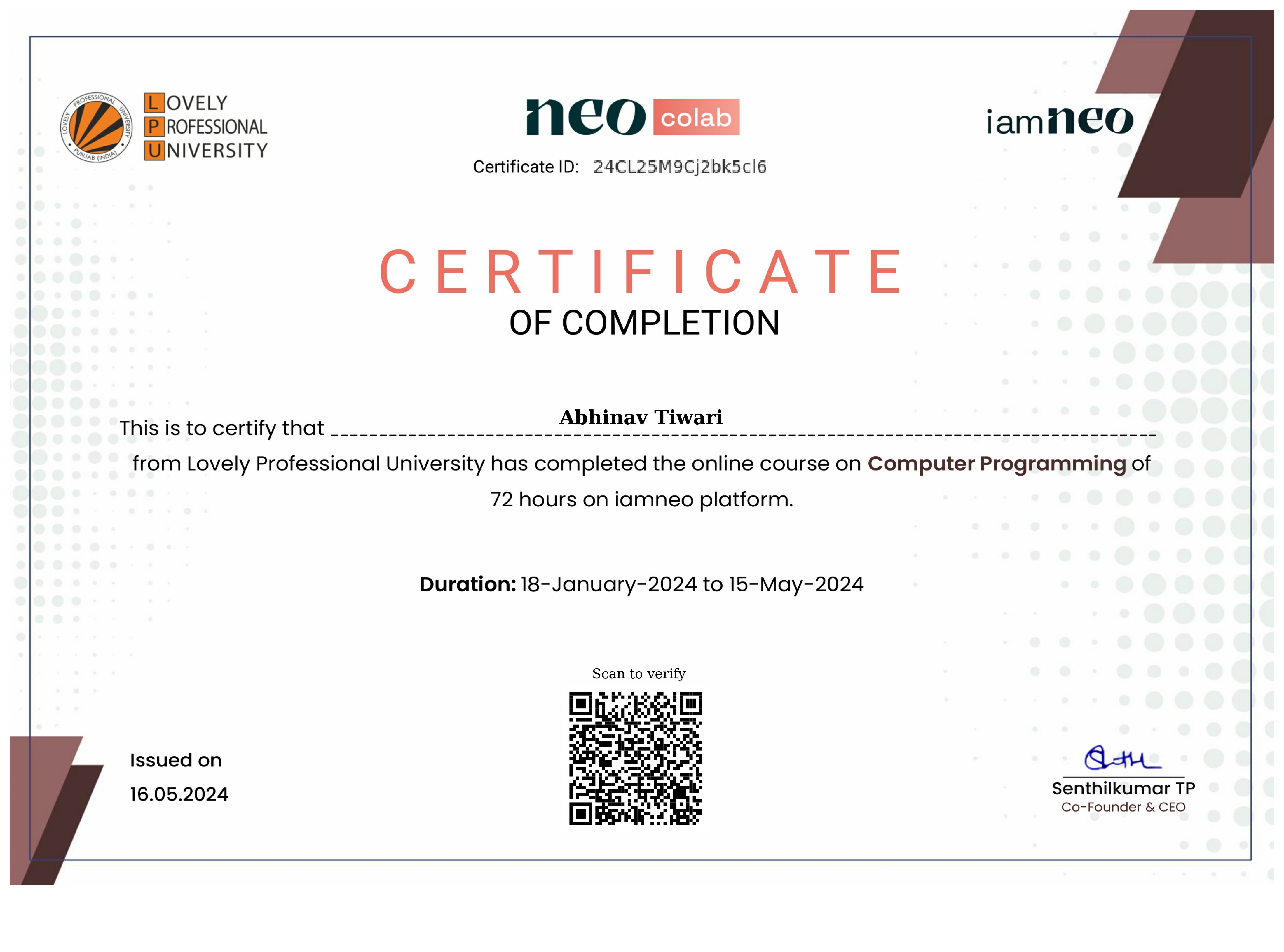 Certificate for C language